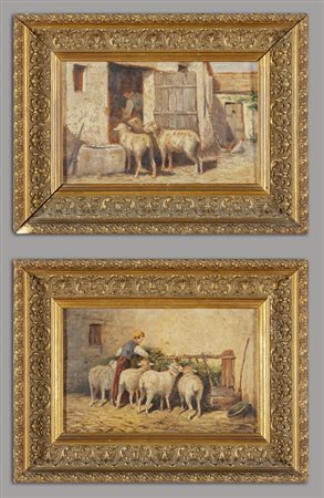 Scuola italiana sec.XIX <br>"Stalla con pecore" 