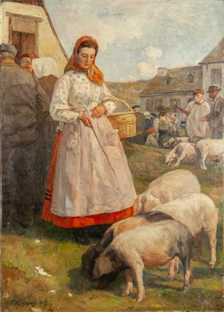 C.M.Diymy <br>"Contadina con maiali" olio, d.to 