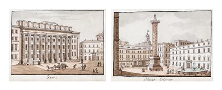 Scuola romana XIX secolo - a) Veduta di Piazza Colonna b) Piazza di Pietra e...