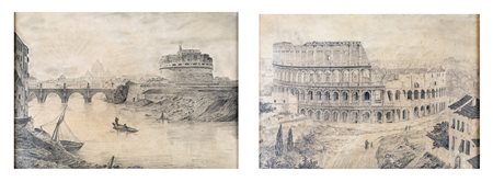 Pittore fine del XIX secolo - a) Il Tevere a Castel Sant'Angelo b) Veduta del...