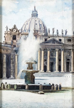 Pittore del XIX secolo - Scorcio della Basilica Vaticana con la fontana di...