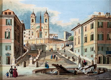 Pittore del XIX secolo - Piazza di Spagna con la fontana della Barcaccia e la...