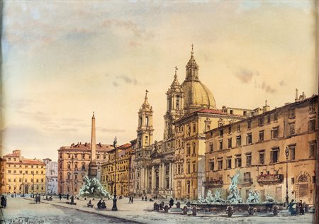 Pittore del XIX secolo - Veduta di piazza Navona - Iscritto in basso a...
