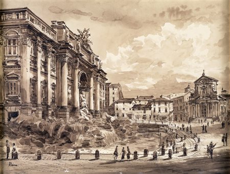 Pittore degli inizi del XX secolo - Veduta di Piazza di Trevi con la fontana...