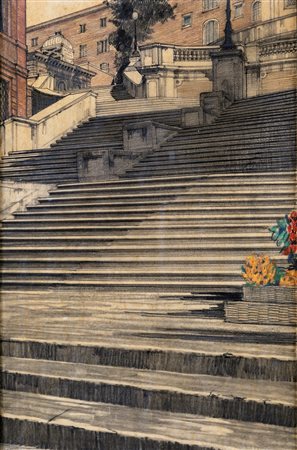 Pittore degli inizi del XX secolo - Scorcio della scalinata di Trinità dei...