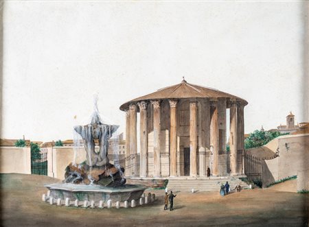 Pittore del XIX secolo - Tempio di Ercole Vincitore e la fontana dei Tritoni...