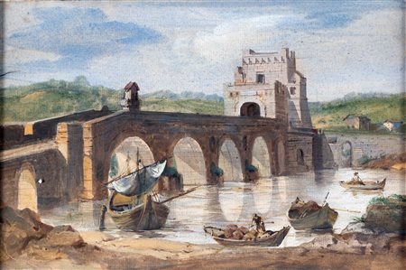 Jean-Baptiste Lallemand (attribuito) - Veduta del Ponte Molle sul Tevere -...