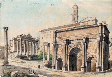 Pittore della prima metà del XIX secolo - L'arco di Settimio Severo al Foro...