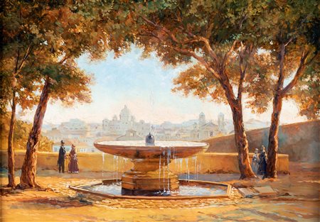 Pittore del XX secolo - La fontana della palla di cannone davanti a Villa...