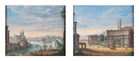 Pittore fine del XIX secolo - a) Veduta del Tevere con la basilica di San...