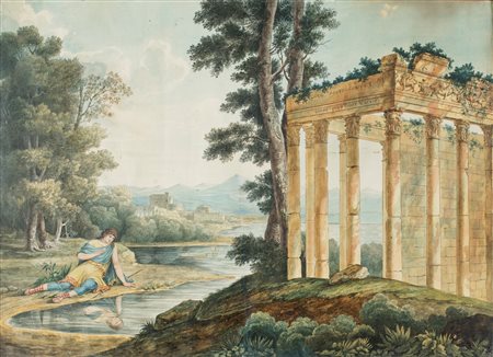 Pittore fine del XVIII secolo - Capriccio architettonico con Narciso - 1790...