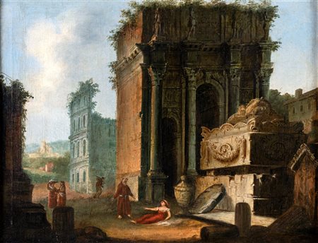 Pittore fine del XVIII secolo - Capriccio con scorcio del Colosseo - olio su...