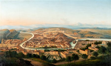 Pittore del XIX secolo - Veduta aerea di Roma dalla balconata sul monte...