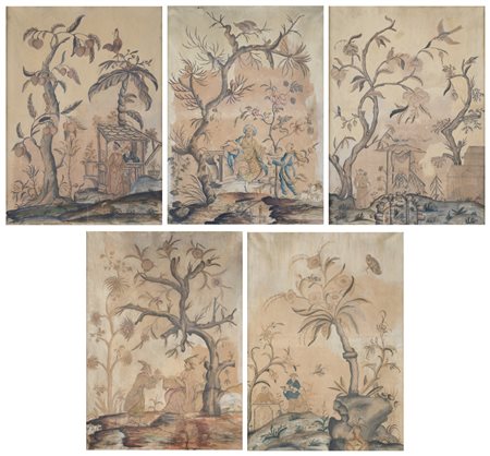 Cinque pannelli a chinoiséries, XVIII secolo - decorati ognuno con scene di...