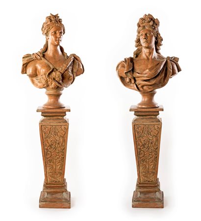 Coppia di busti in terracotta con piedistallo, XIX secolo - raffiguranti...