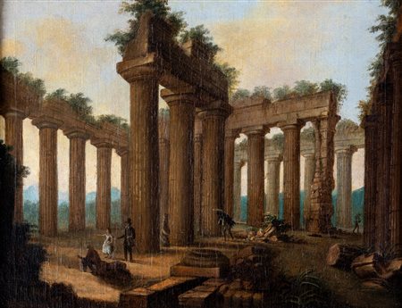 Pittore degli inizi del XIX secolo - Interno del tempio di Nettuno a Paestum...