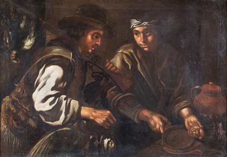 Pittore caravaggesco del XVII secolo - Il ritorno del cacciatore - olio su...