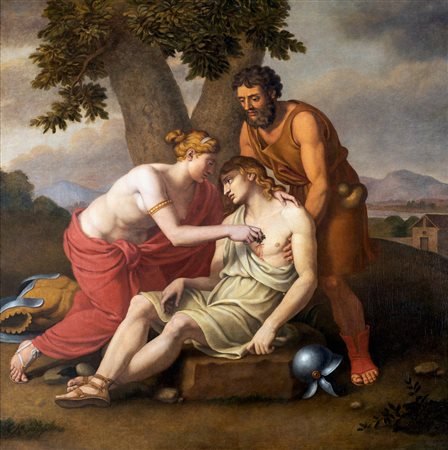Pittore Neoclassico - Angelica cura Medoro ferito - olio su tela - cm 142x142