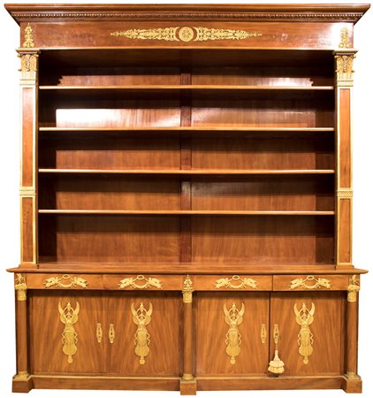 Grande libreria Impero a due corpi in mogano, Francia, XIX secolo - con ricca...