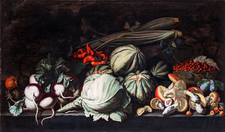 Angelo Maria Rossi detto Pseudo Fardella - Natura morta di ortaggi e funghi -...
