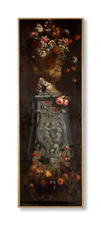 Pittore napoletano del XVII secolo - Natura morta di fiori con vaso classico...