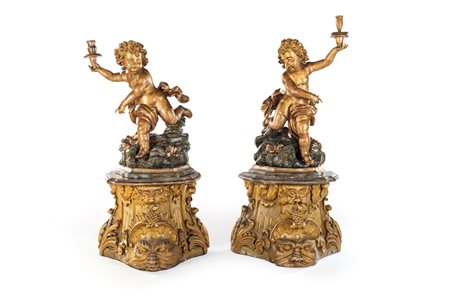 Coppia di putti in legno dorato, Genova, fine XVII/inizio XVIII secolo -...