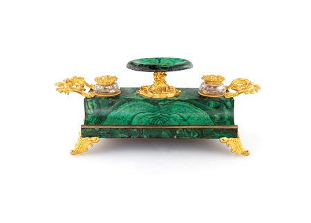 Calamaio in malachite e bronzo dorato, Francia, XIX secolo - con vaschette...