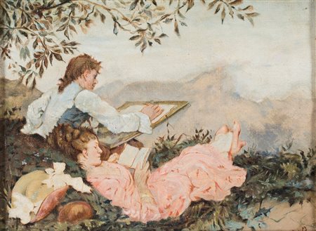 Anonimo del XIX secolo - Lettura e pittura "en plein air" - Siglato in basso...
