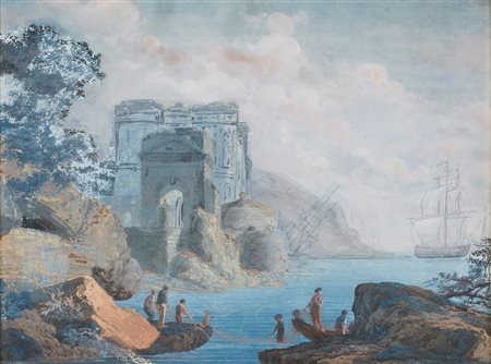 Inizi del XIX - Marina con ruderi e figure - tempera e matita su cartone - cm...