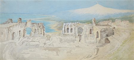 Anonimo del XX - Il teatro greco di Taormina - tempera e acquerelli su carta...