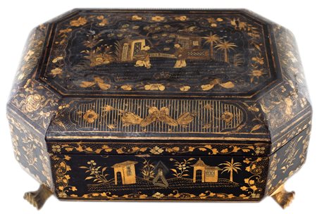 Scatola da lavoro in legno laccato nero, Inghilterra, inizio del XIX secolo -...