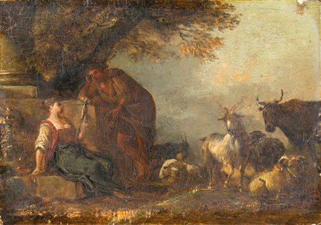 Domenico Brandi (cerchia) - Scena galante con armenti - olio su tavola - cm...