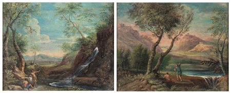 Scuola Romana del XVIII secolo - a) Paesaggio fluviale con cascatella e...