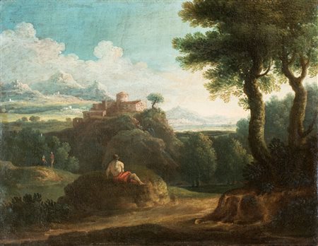 Jan Frans van Bloemen (cerchia)- Paesaggio fluviale con figure - olio su tela...