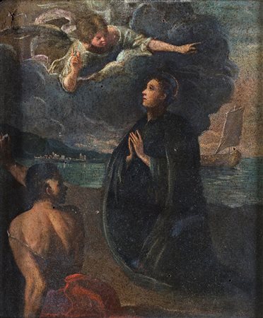 Pittore del XVIII secolo - Paesaggio marino con San Francesco da Paola - olio...