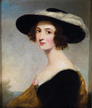 Pittore del XIX secolo - Ritratto di fanciulla con cappello piumato - olio su...