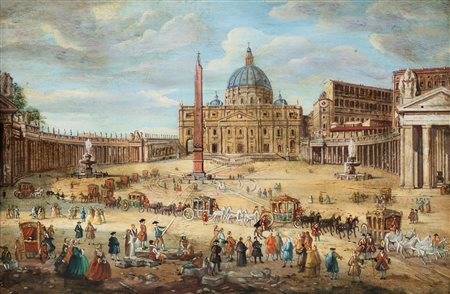 Pittore degli inizi del XIX secolo - Veduta di Piazza San Pietro con carrozze...