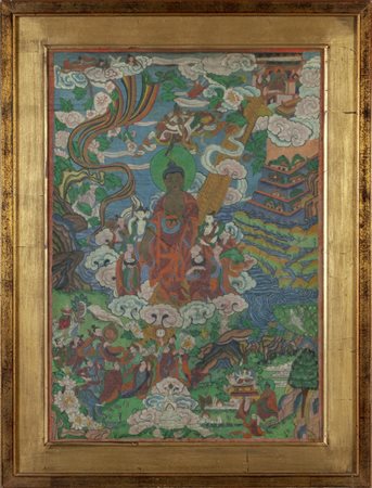 Divinità con tempio, tanka tibetano 