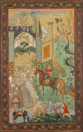 Pannello orientale dipinto su seta con cavalieri 