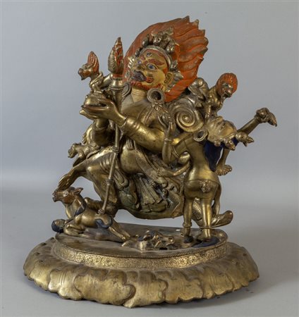 Mahakala in bronzo dorato, Tibet 