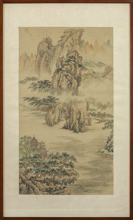 "Paesaggio con montagne" pannello Cina dipinto su 