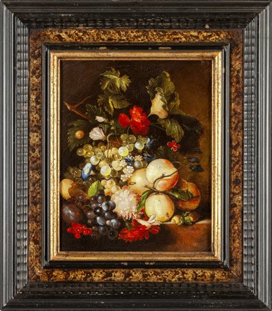 "Natura morta con uva e pesche" olio<br>cm. 23x30