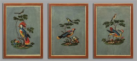 "Uccelli" tre dipinti su specchio, sec.XIX<br>cm. 