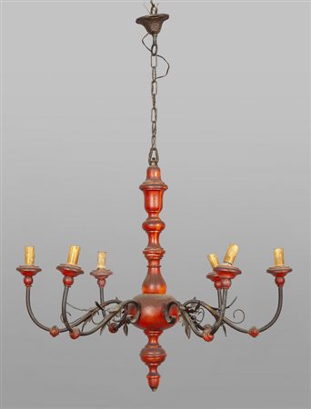 Lampadario in legno a sei luci con fusto laccato 