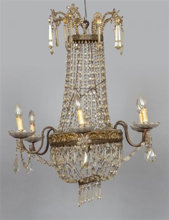 Lampadario a sei luci in lamierino e cristalli, 