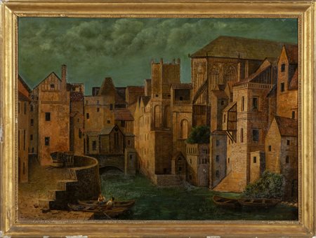 "Città sul fiume con figure" olio<br>cm. 114x85