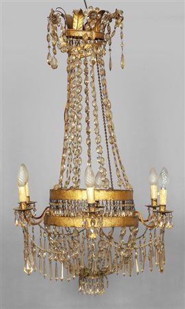 Lampadario Impero a sei luci in lamierino dorato, 