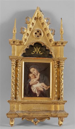 Cornice a tempietto in legno intagliato e dorato 