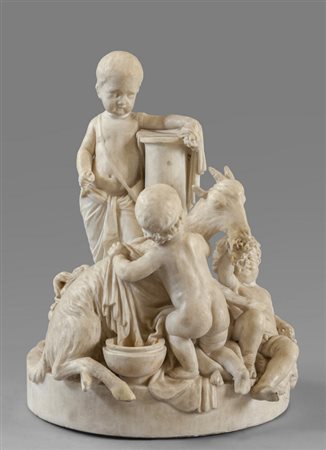 Putti che giocano con capretto, gruppo in marmo 