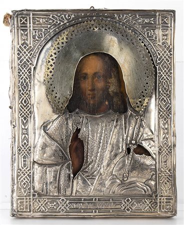 Icona russa con riza in argento raffigurante un santo - San Pietroburgo 1888